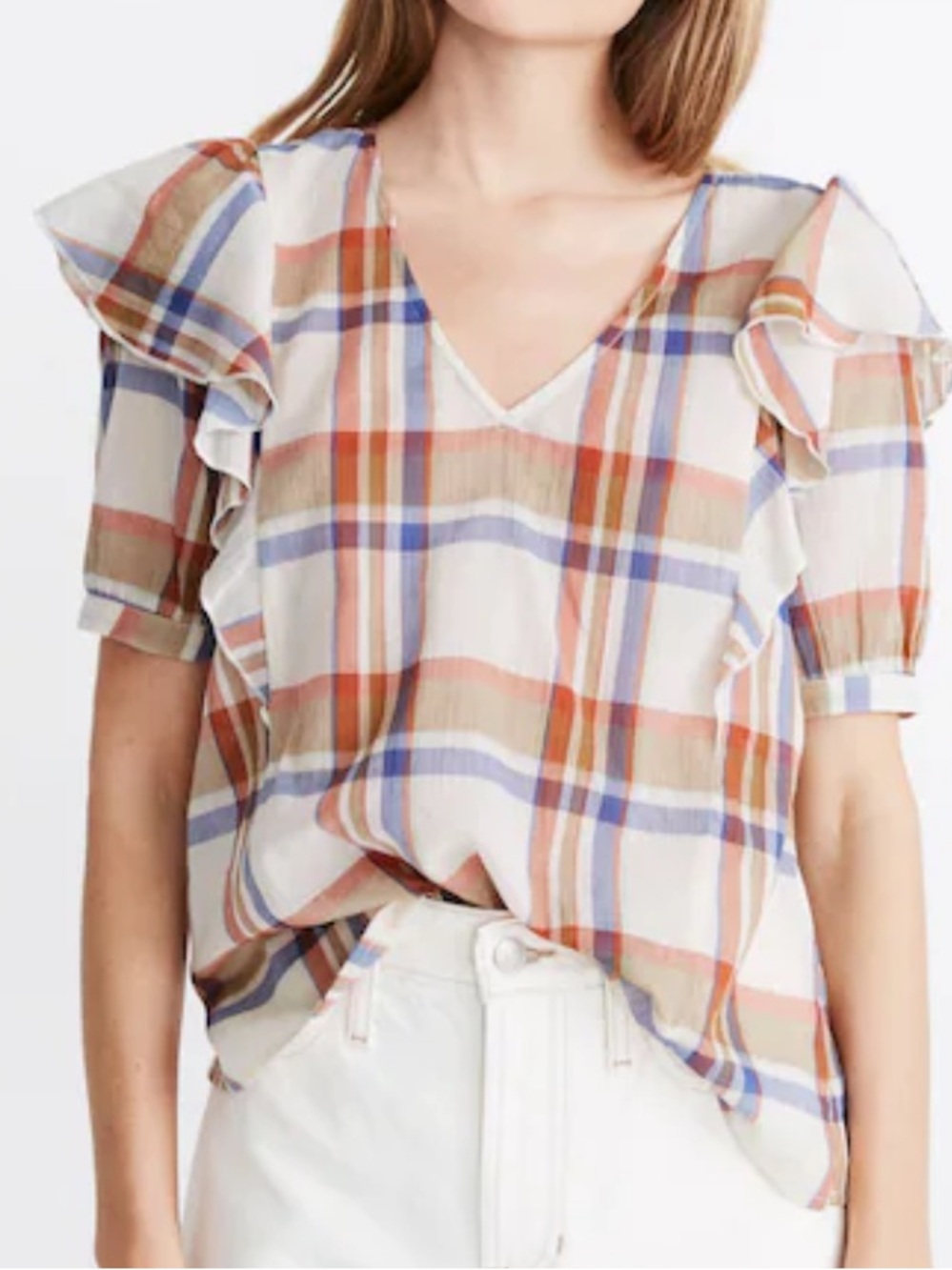 Madewell V-Neck Shoulder-Ruffle Top in Plaid Small